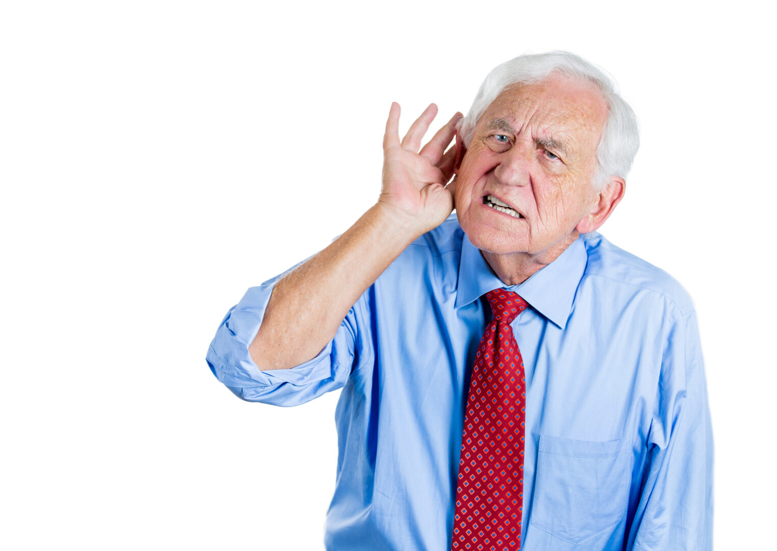 Old man, senior executive having hearing problems